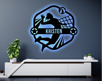 Personalized Volleyball LED Metal Art Sign / Light up Volleyball Name Metal Sign / Multi Color Volleyball Art / Metal Wall Art