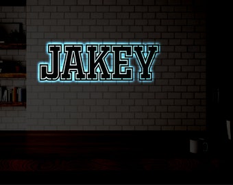 Letrero metálico con nombre personalizado y LED / Letrero metálico iluminado con nombre para guardería / Arte con nombre en cursiva multicolor / Arte de pared con LED