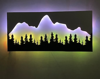 LED mountain metal wall art / Neon mountain and tress metal art / Light up mountain wall hanging / Multicolored glowing wall art / Neon Sign