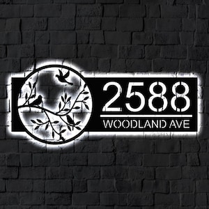 LED Address Metal Art Sign / Light up Birds on Branch address plaque Sign / Multi Color Metal Numbers / Metal House Number Address Sign