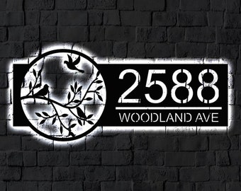LED Address Metal Art Sign / Light up Birds on Branch address plaque Sign / Multi Color Metal Numbers / Metal House Number Address Sign