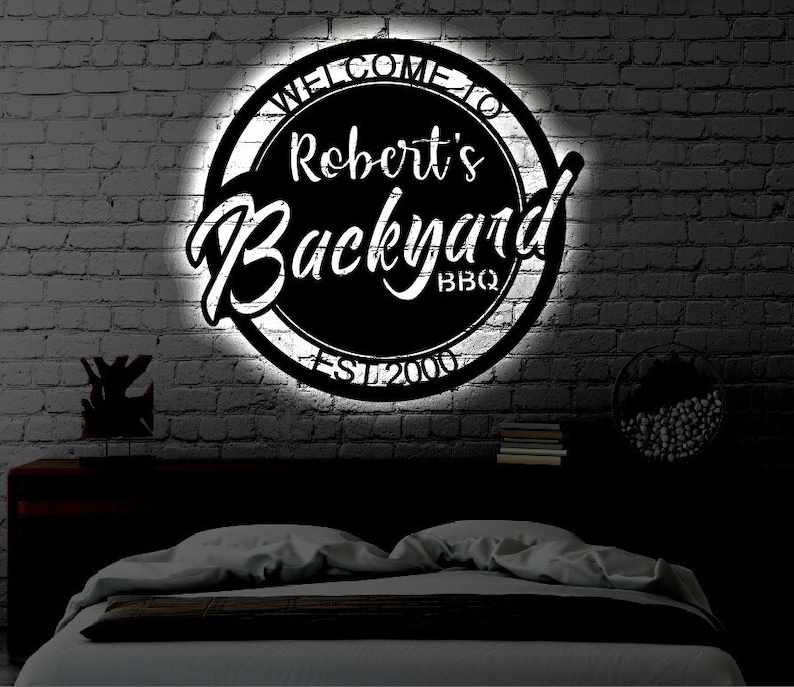 Personalized LED Backyard BBQ Metal Sign / Outdoor light up Wall Decor / Metal Wall Decor / BBQ Decor / Personalized / Metal Wall Art bild 1