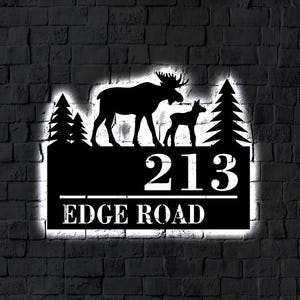 LED Address Metal Art Sign / Light up address plaque Sign / Moose Backlit Multi Color Metal House Numbers / Neon Steel House Address Sign