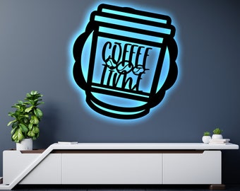 Coffee Cup Metal Art Sign / Light up Coffee Metal Sign / Multi Colors Coffee Cup Sign / Metal Coffee Home Decor / Neon Led Wall Art Gift