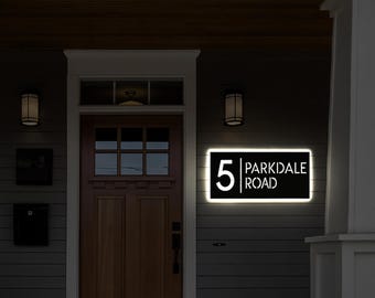 Solar Backlit Metal Address Sign – Modern House Number Plaque with LED Lighting, Outdoor Yard Sign, Custom Décor