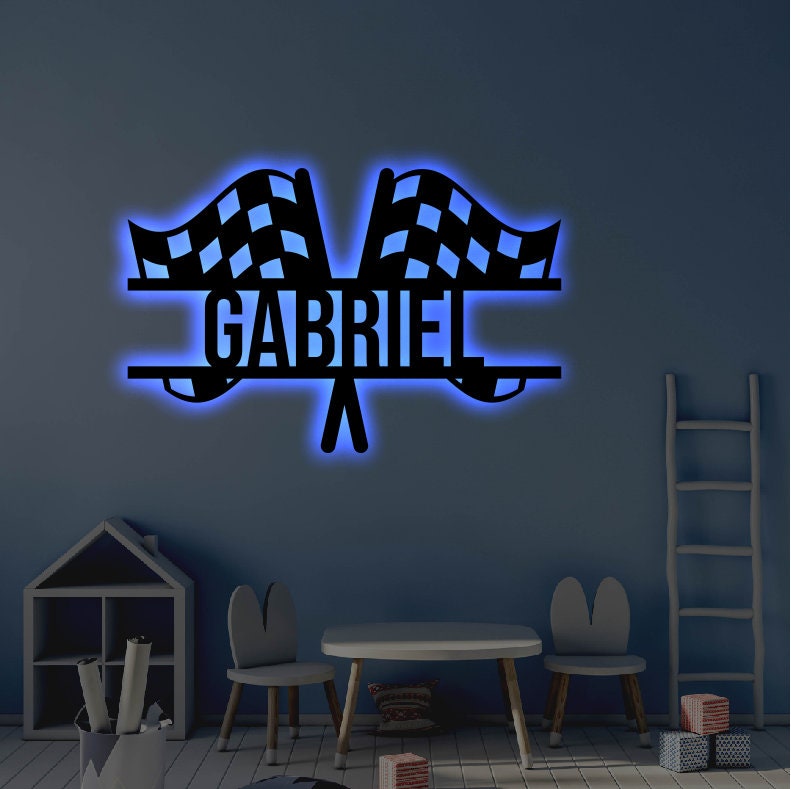 Custom Racing Wall Signs Light Personalized LED Racing Metal Sign | Light up Racing Flags Wall Art ...