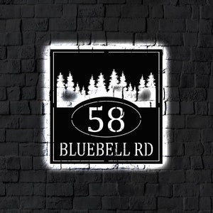 LED Address Metal Art Sign / Light up address plaque Sign / Pine Trees Multi Color Metal House Numbers / Metal House Number Address Sign