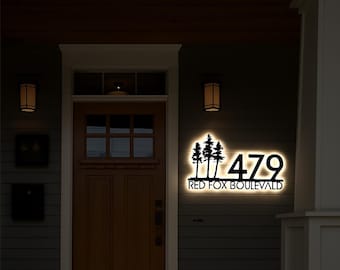 Solar Backlit Metal Address Sign – Wispy Trees Modern House Number Plaque with LED Lighting, Outdoor Yard Sign, Custom Décor