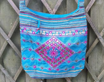 Embroidered Diamond Pattern Cotton Canvas Sling Shoulder Bag Blue Pink Purple Red Striped Mirrored Zipped Hippie Boho Festival Hobo