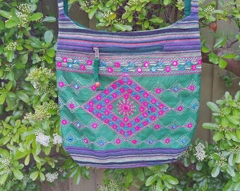Embroidered Diamond Pattern Cotton Canvas Sling Shoulder Bag Green Pink Purple Red Striped Mirrored Zipped Hippie Boho Festival Hobo
