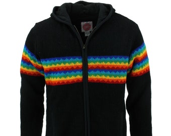 Wool Knitted Zip Up Hooded Cardigan Jacket Handmade Cotton Lined - Black Rainbow Zig Zag