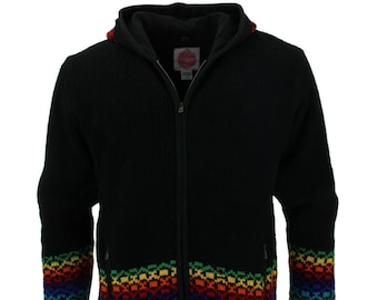 Wool Knitted Zip Up Hooded Cardigan Jacket Handmade Cotton Lined - Black Rainbow Diamonds