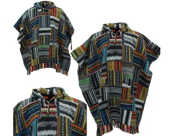 Patchwork Hippie Woven Cotton Hooded Poncho Long or Short Styles