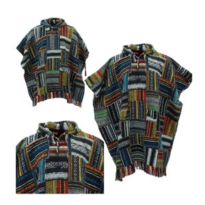 May include: A colorful hooded poncho with a geometric pattern in shades of black, blue, green, red, and yellow. The poncho has a drawstring hood and fringe trim.