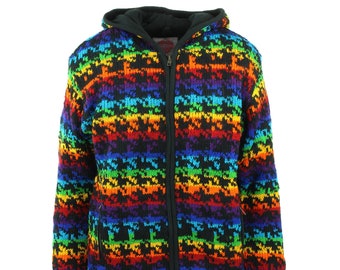 Wool Knitted Zip Up Hooded Cardigan Jacket Handmade Cotton Lined - Rainbow Houndstooth