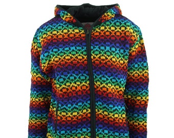 Wool Knitted Zip Up Hooded Cardigan Jacket Handmade Cotton Lined - Rainbow Diamonds