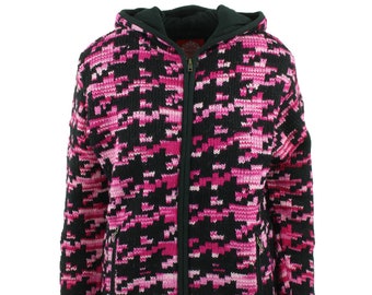 Wool Knitted Zip Up Hooded Cardigan Jacket Handmade Cotton Lined - Pink Houndstooth