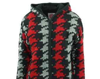 Wool Knitted Zip Up Hooded Cardigan Jacket Handmade Cotton Lined - Red Houndstooth