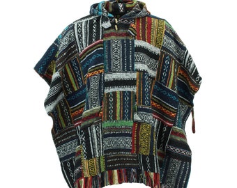 Patchwork Hippie Woven Cotton Hooded Poncho Knee Length