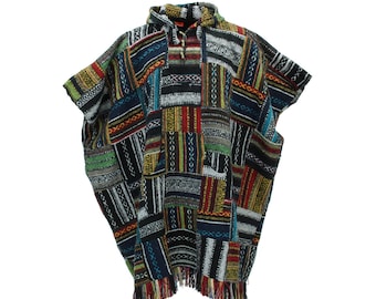 Poncho à capuche en coton tissé hippie patchwork long