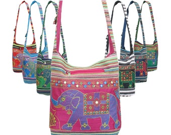 Hippie Boho Shoulder Bag Embroidered Elephant Design Festival Hobo Sling