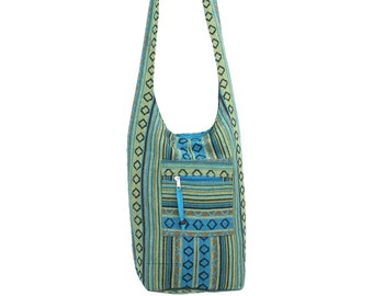 Hippie Bag Cotton Canvas Boho Shoulder Sling Holiday Carry All Blue