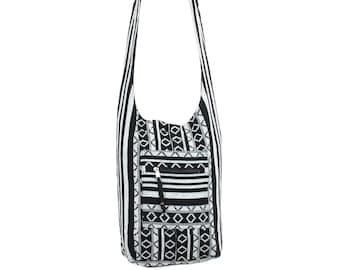 Hippie Bag Cotton Canvas Boho Shoulder Sling Holiday Carry All Black & White
