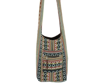 Hippie Bag Cotton Canvas Boho Shoulder Sling Holiday Carry All Black Brown Multicolour