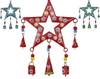 Hand Painted Metal Star Hanging Mobile Decoration with Bells and Beads Boho Hippie Chime Red Green Blue Bohemian Home Decor