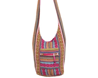 Hippie Bag Cotton Canvas Boho Shoulder Sling Holiday Carry All Pink & Multicolour