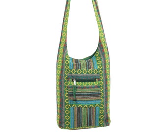 Hippie Bag Cotton Canvas Boho Shoulder Sling Holiday Carry All Green & Multicolour