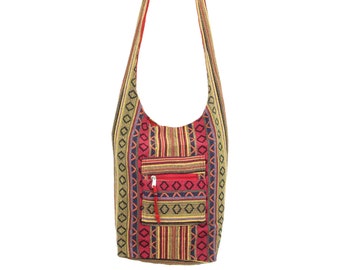 Hippie Bag Cotton Canvas Boho Shoulder Sling Holiday Carry All Red & Multicolour