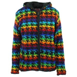 Wool Knitted Zip Up Hooded Cardigan Jacket Handmade Cotton Lined Rainbow Houndstooth image 1