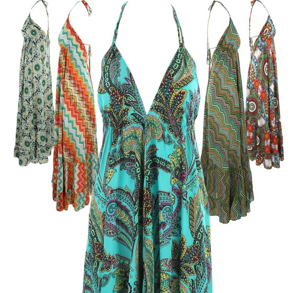 Strappy Boho Maxi Dress Halterneck Style Mandala, Paisley or Funky Zigzag Patterns