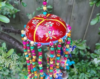 Hand Painted Red Yellow Elephant Hanging Mobile Boho Beaded Colourful Umbrella Wind Chime Bells Home Decoration Handmade Indian Room Decor