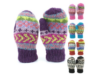 Wool Knitted Mittens with Fleece Lining Chevron Patterned Winter Gloves