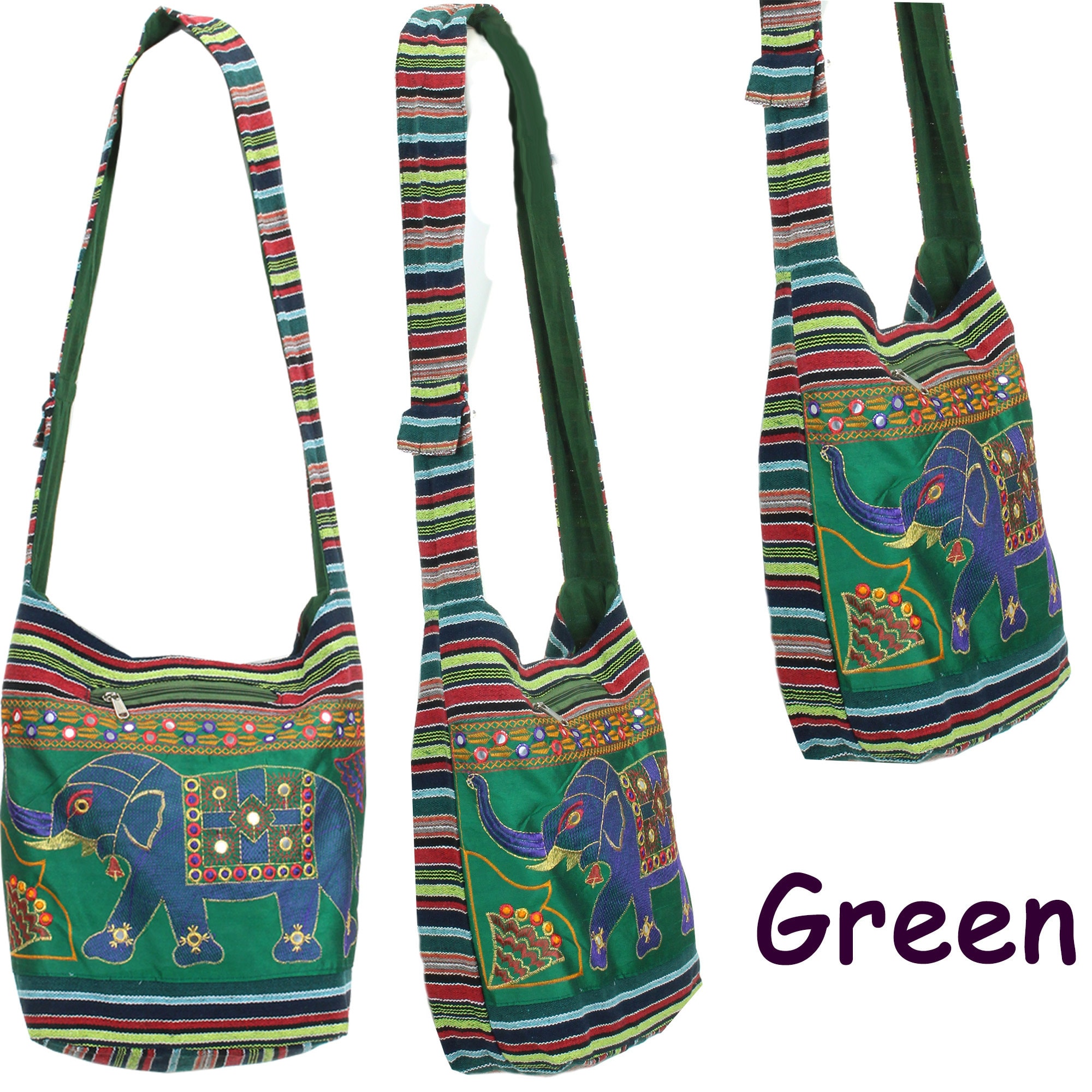 Hippie Boho Shoulder Bag Embroidered Elephant Design Festival Hobo