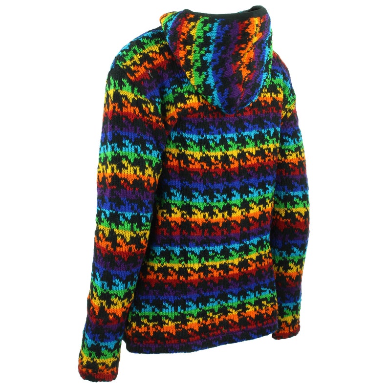 Wool Knitted Zip Up Hooded Cardigan Jacket Handmade Cotton Lined Rainbow Houndstooth image 2