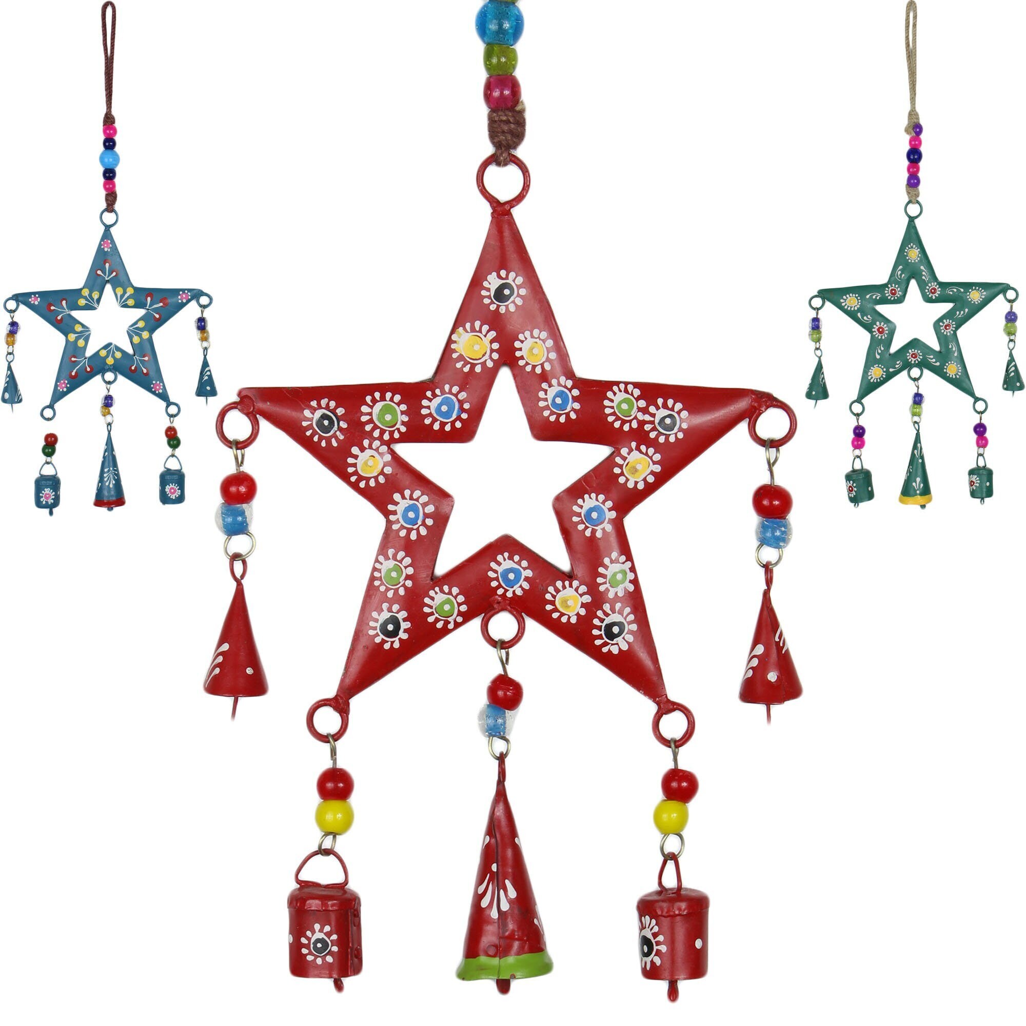 Móvil colgante de estrella de metal pintado a mano con cascabeles y cuentas, estilo bohemio hippie, rojo, verde y azul, decoración para el hogar.