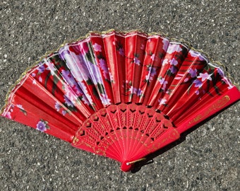 1x Red Flowers Print Decorative Burlesque Folding Hand Fan: Plastic & Silk for Wedding Favours, Hot Summers, Gifts