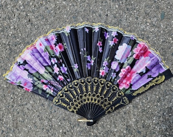 1x Black Flowers Print Decorative Burlesque Folding Hand Fan: Plastic & Silk for Wedding Favours, Hot Summers, Gifts