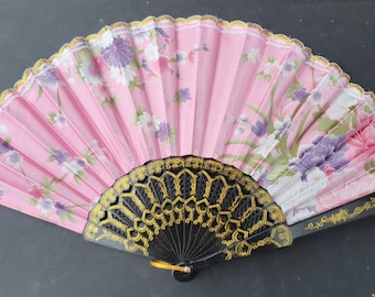 1x Pink Flowers Print Decorative Burlesque Folding Hand Fan: Plastic & Silk for Wedding Favours, Hot Summers, Gifts