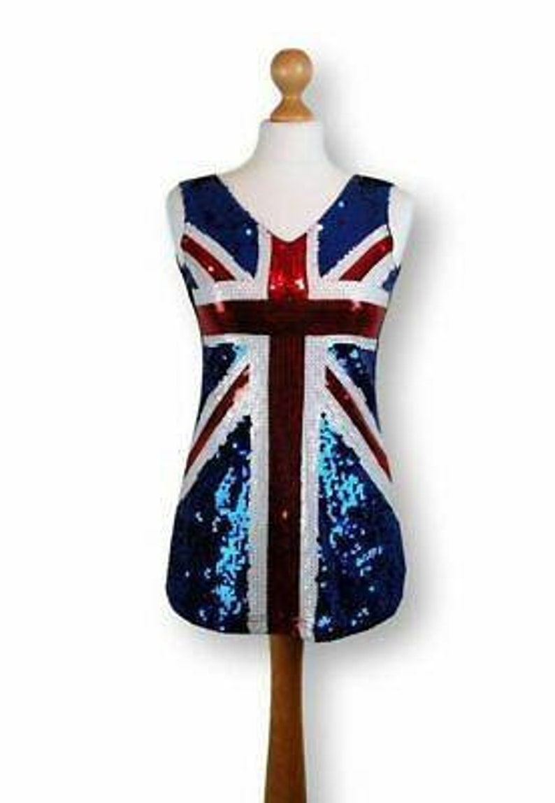 Ladies Sequins Union Jack Flag Patriotic Jubilee Top Tunic Geri Haliwell Costume Small One Size UK 10-12 