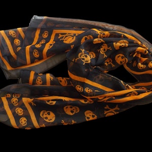 Black & Orange Skull Design Print Chiffon Style Scarf 150cm x 50cm