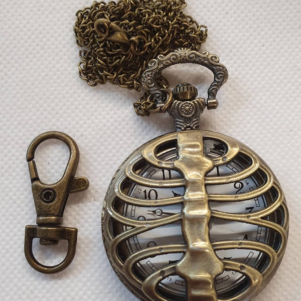 Bronze Tone Antique Style Gothic Rib Cage Body Design Novelty Pocket Analogue Watch Necklace Keyring Gift Idea