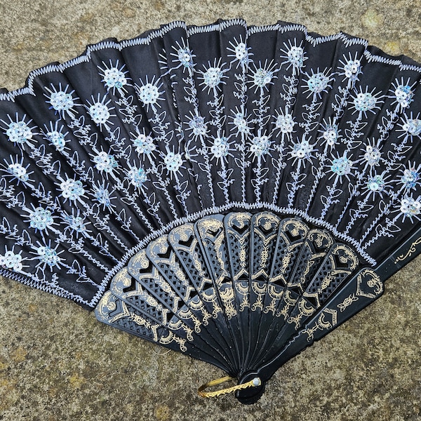 Black & Silver Sequins Peacock Spanish Style Summer Heat Cooling Decorative Burlesque Folding Hand Fan