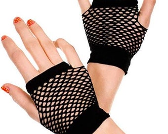 Paar kurze Unisex 80er Jahre Style Netz Schwarze Mode Handschuhe - One Size