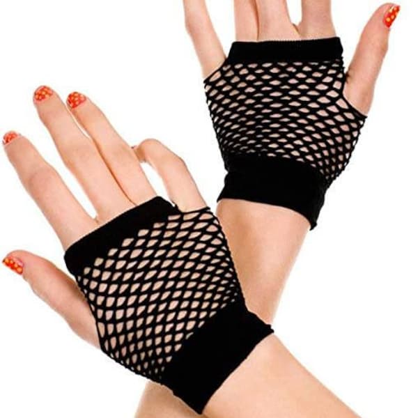 Pair of Short Unisex 80's Style Fishnet Black Fashion Gloves - One Size