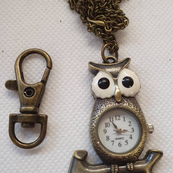 Bronze Tone Antique Style Owl Bird Design Nouveauté Poche Analogique Montre Collier Porte-clés Idée cadeau