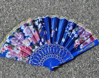 1x Blue Flowers Print Decorative Burlesque Folding Hand Fan: Plastic & Silk for Wedding Favours, Hot Summers, Gifts